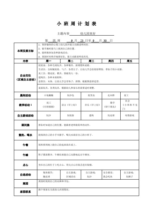 小班第四周周计划表