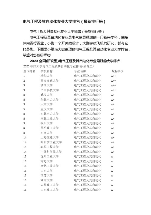 电气工程及其自动化专业大学排名（最新排行榜）