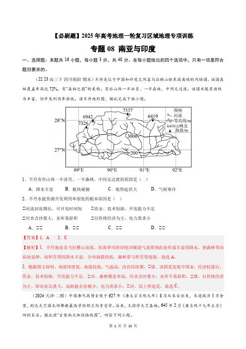 专题08 南亚与印度(专项训练)-2025年高考《地理》一轮复习区域必刷题专项训练(解析版)