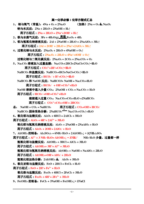 高一化学必修1化学方程式汇总