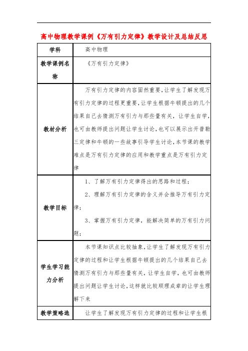 高中物理教学课例《万有引力定律》课程思政核心素养教学设计及总结反思