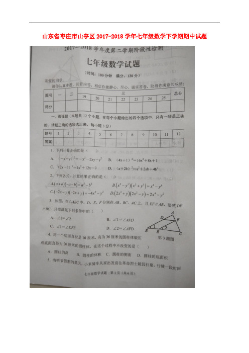 山东省枣庄市山亭区七年级数学下学期期中试题(扫描版)