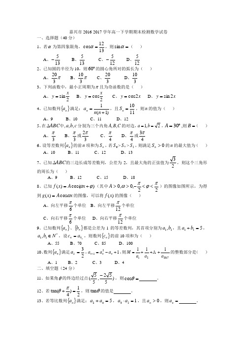 嘉兴市2016-2017学年高一下学期期末检测数学试卷