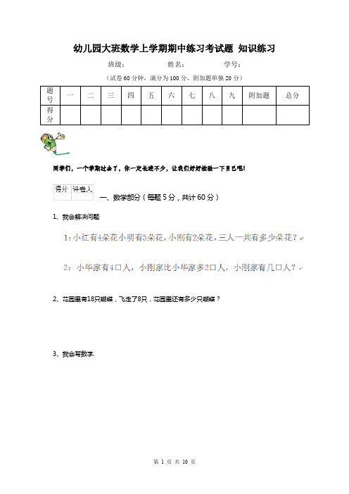 幼儿园大班数学上学期期中练习考试题 知识练习