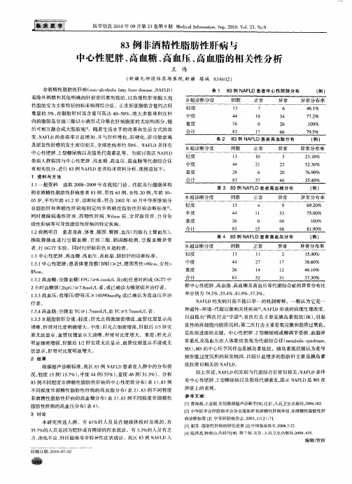 83例非酒精性脂肪性肝病与中心性肥胖、高血糖、高血压、高血脂的相关性分析