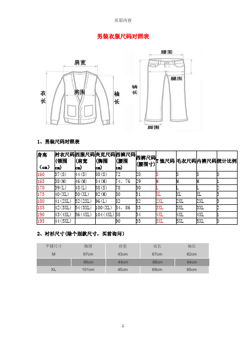 男装尺码专用对照表