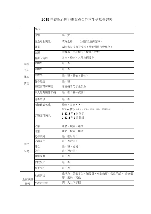 2019年春季心理问题排查重点关注学生信息登记表