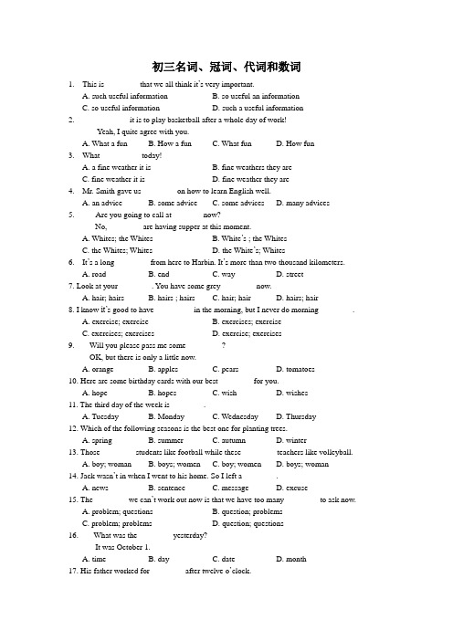 初三名词、冠词、代词和数词测试题(附答案)