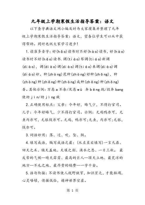 九年级上学期寒假生活指导答案:语文-word文档资料