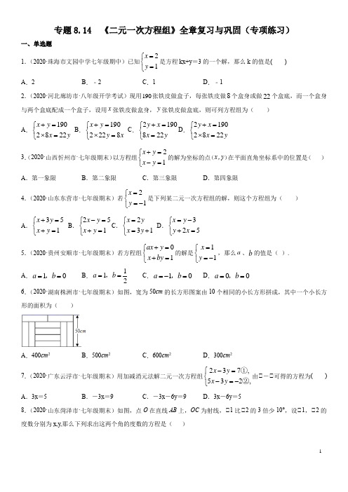 人教版七年级数学下册《二元一次方程组》全章复习与总结(专项练习含答案)