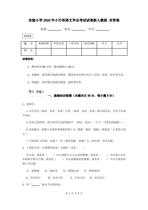 实验小学2020年小升初语文毕业考试试卷新人教版 含答案