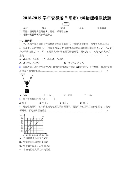 最新2018-2019学年安徽省阜阳市中考物理模拟试题(三)及解析