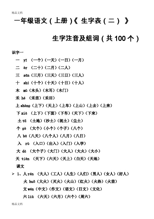 最新一年级语文(上册)《生字表(二)》生字注音及组词(带拼音)