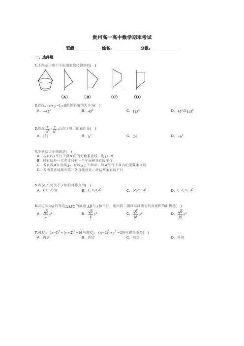 贵州高一高中数学期末考试带答案解析
