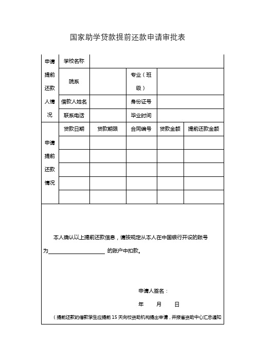 国家助学贷款提前还款申请审批表【模板】