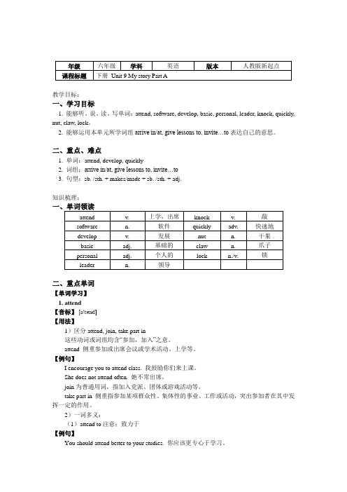 六年级英语下册知识讲义 Unit 9 My story Part A-人教新起点版