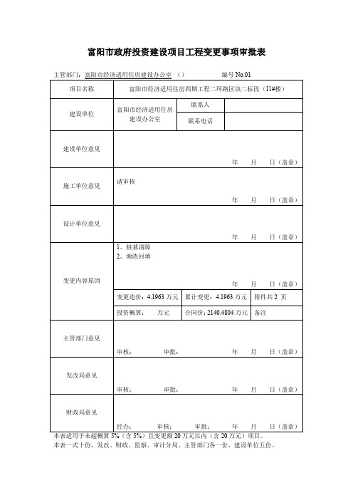 富阳市政府投资建设项目工程变更事项审批表