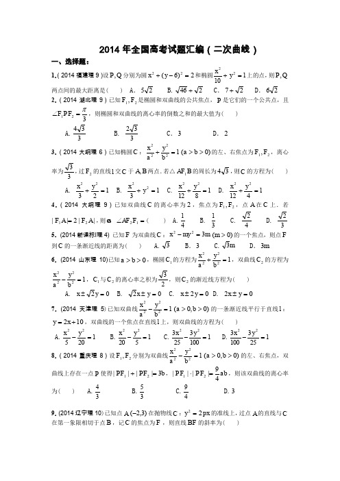 2014年全国高考试题汇编二次曲线