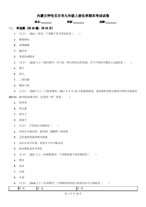 内蒙古呼伦贝尔市九年级上册化学期末考试试卷