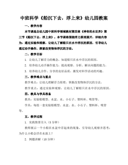 中班科学《船沉下去,浮上来》幼儿园教案