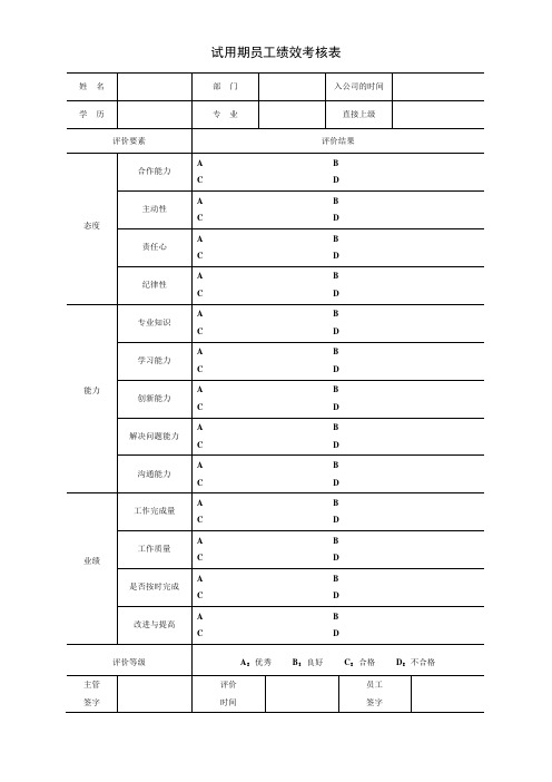 试用期员工绩效考核表