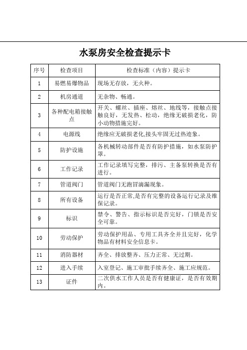 水泵房安全检查提示卡