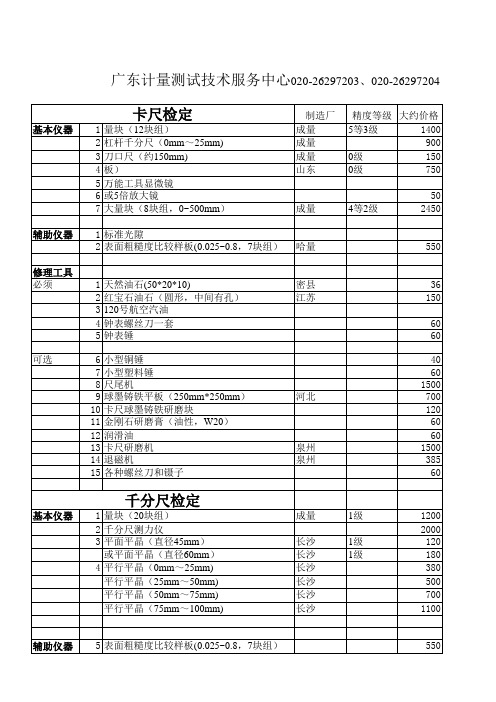 通用量具检定修理仪器设备清单