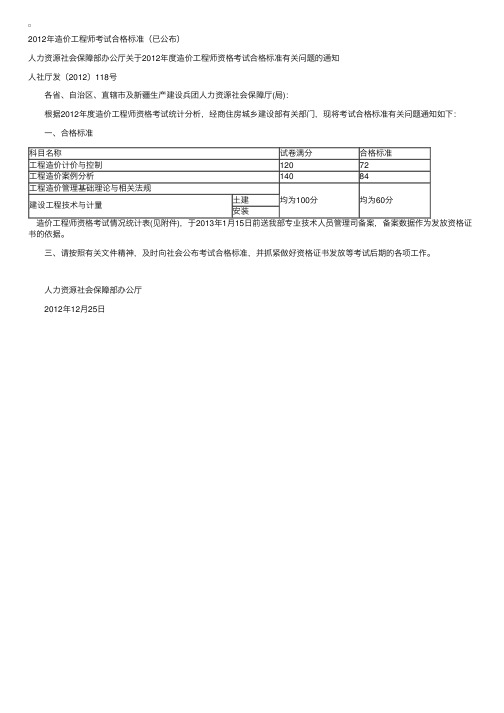 2012年造价工程师考试合格标准（已公布）