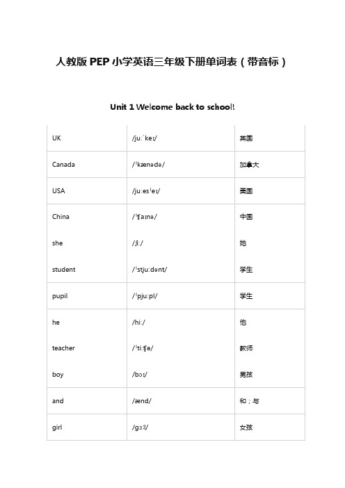 人教版PEP小学英语三年级下册单词表(带音标)