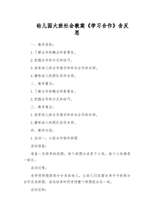 幼儿园大班社会教案《学习合作》含反思