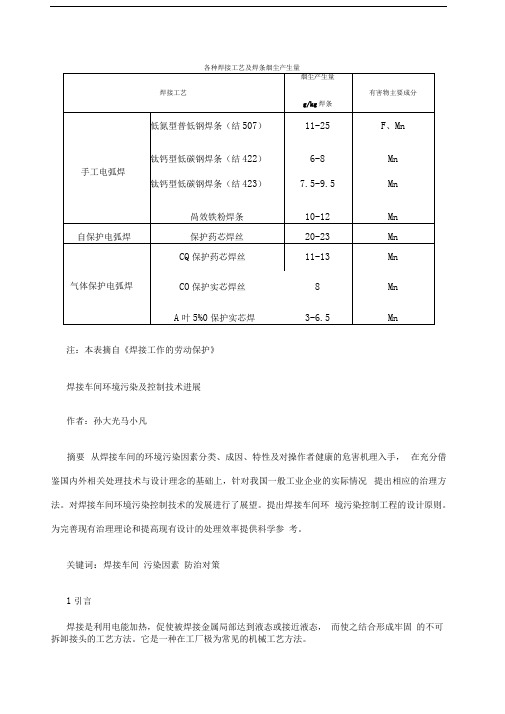 各种焊接工艺及焊条烟尘产生量