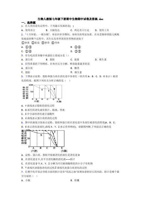 生物人教版七年级下册期中生物期中试卷及答案.doc