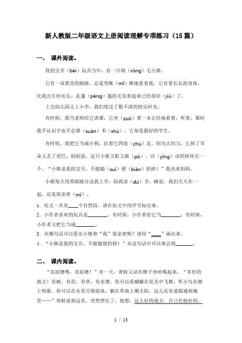 新人教版二年级语文上册阅读理解专项练习(15篇)