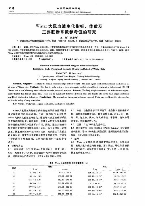 Wistar大鼠血液生化指标、体重及主要脏器系数参考值的研究