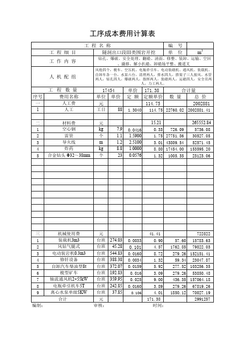 隧洞出口段Ⅲ类围岩开挖单价分析表