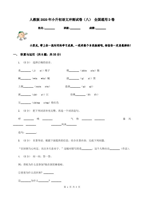 人教版2020年小升初语文冲刺试卷(八) 全国通用D卷