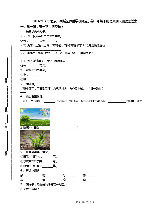 2018-2019年北京市西城区师范学校附属小学一年级下册语文期末测试含答案(1)