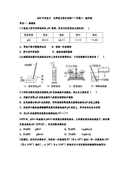 2020中考复习  化学能力提升训练——专题三：酸和碱