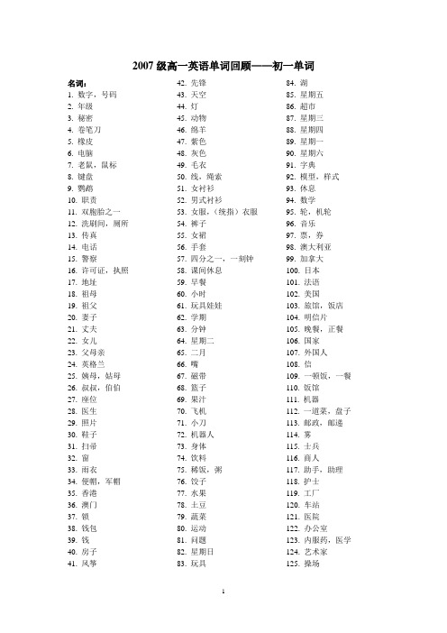 2007级高一英语单词回顾初一单词