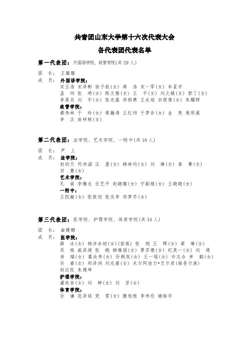 共青团山东大学第十六次代表大会各代表团代表名单