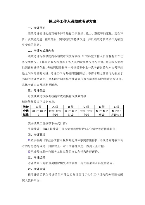 保卫科工作人员绩效考评方案