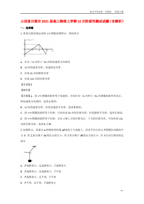 山西省吕梁市2021届高三物理上学期10月阶段性测试试题(含解析)