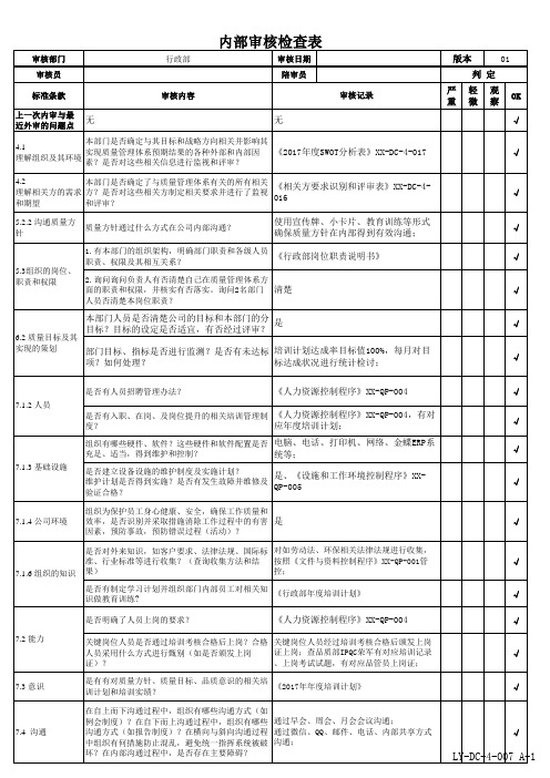 行政部内部审核检查表