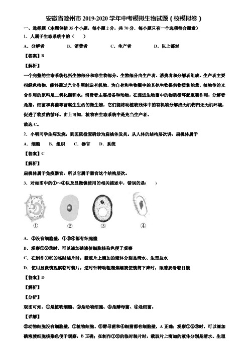 安徽省滁州市2019-2020学年中考模拟生物试题(校模拟卷)含解析