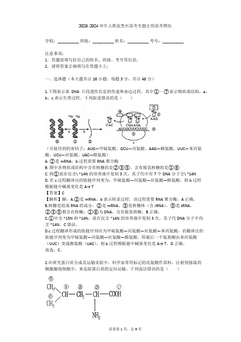 2023-2024学年贵州贵阳人教版高考专题生物高考模拟(含答案解析)