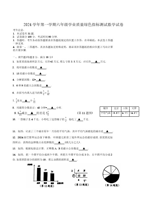 2024-2025学年六年级第一学期期中考试数学试卷