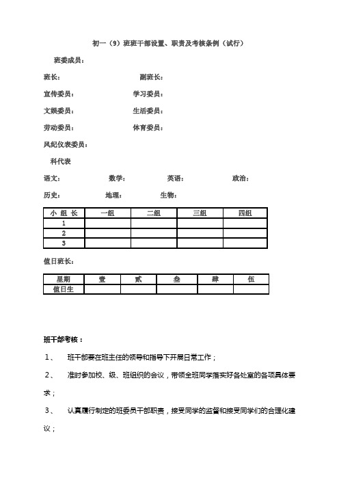 初一(9)班班干部设置、职责及考核条例(