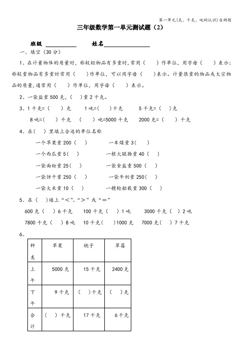 第一单元(克、千克、吨的认识)自测题