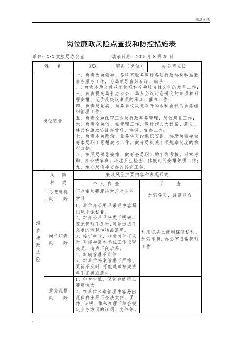 文化旅游系统岗位廉政风险点查找和防控措施表