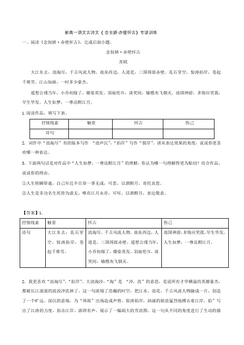 新高一语文古诗文念女娇赤壁怀古专项训练及答案